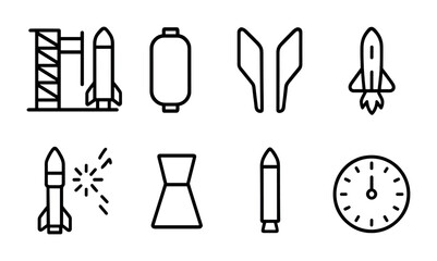 Space exploration line icons set – outline style for rocket science, astronomy, and space travel: rocket, launch pad, shuttle, fuel tank, countdown timer