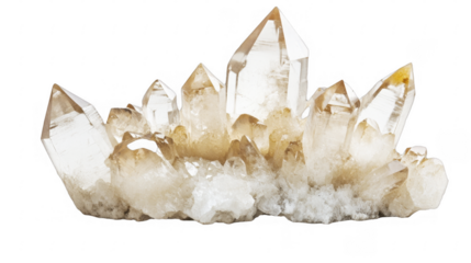 Cluster of light orange quartz points, various sizes, geological specimen, mineralogy study material, nature wonder formation, isolated crystal. on a transparent background, PNG image, PNG file.