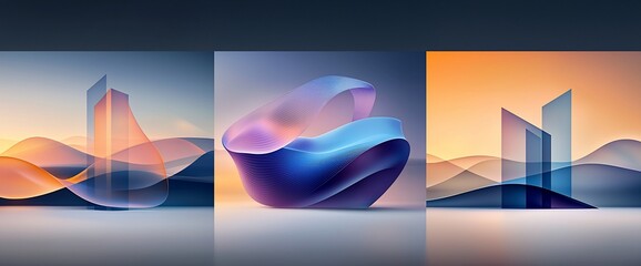 Naklejka premium Abstract digital art, three panels, vibrant colors, geometric shapes, flowing forms