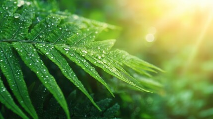 Close-up view of a green fern leaf with dew drops, illuminated by soft sunlight in a lush forest