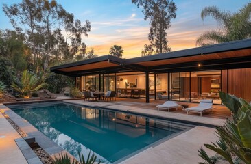Fototapeta premium Modern home with pool at sunset