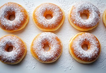 Freshly Baked Doughnuts with Powdered Sugar on a White Background Perfect for Dessert Lovers and Bakery Enthusiasts in Food Photography