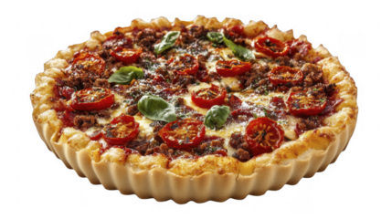 Delicious baked savory pie with ground meat, cheese, and roasted cherry tomatoes; perfect dinner option, on a transparent background, PNG image, PNG file.