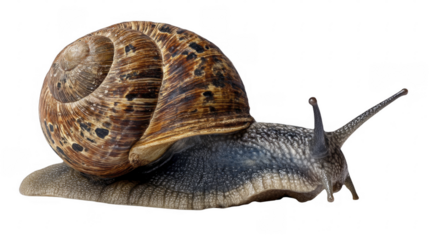 Detailed studio portrait of a garden snail with intricate brown shell, tentacles extended, crawling on surface, low angle view on a transparent background, PNG image, PNG file.