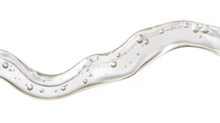 Golden fluid flow, transparent liquid movement with bubbles, flowing substance motion, cosmetic gel or oil wave effect. on a transparent background, PNG image, PNG file.