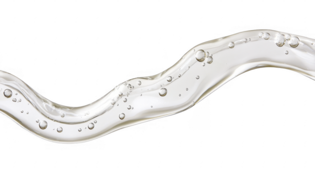 Golden fluid flow, transparent liquid movement with bubbles, flowing substance motion, cosmetic gel or oil wave effect. on a transparent background, PNG image, PNG file.