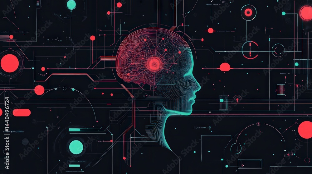 Fototapete refined line style vector banner illustrating machine learning processes, including ai, neural netwo
