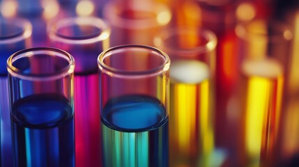 A row of colorful glass beakers filled with different colored liquids