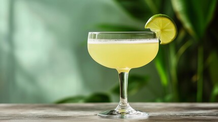 A glass of yellow liquid with a lime wedge on top