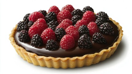 velvety chocolate filling, topped with an eye-catching arrangement of fresh berries, such as raspberries, strawberries, and blackberries