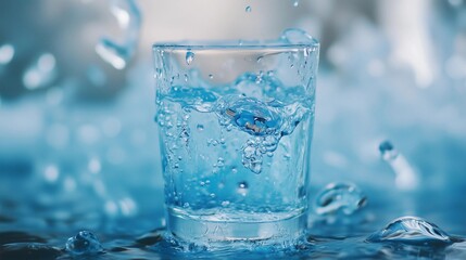 A glass of water is sitting on a table with water droplets falling from it