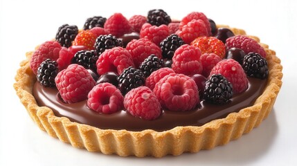 velvety chocolate filling, topped with an eye-catching arrangement of fresh berries, such as raspberries, strawberries, and blackberries