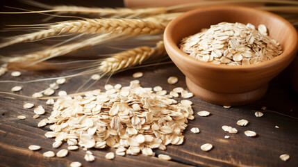 A wooden table with a bowl of oatmeal and a pile of oats on it.