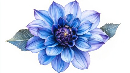 Obraz premium Close Up Light Blue Dahlia Flower with Dark Purple Center and Two Leaves