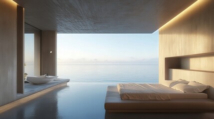 These seaside hotel rooms redefine modern luxury, blending minimalistic decor with expansive views of the tranquil ocean waters