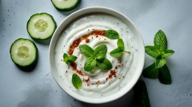Aerial view of raita sauce featuring yogurt, cucumber, and mint on a gray background. Cuisine.