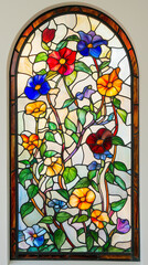 Stained glass window with morning glories vertical