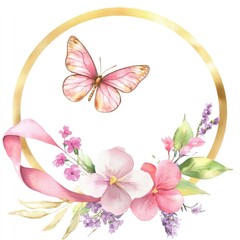 Fototapeta premium Pink butterfly floral wreath graphic design, perfect for a feminine or spring-themed invitation or social media post