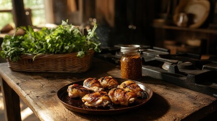 wooden table with a stove grilling chicken thighs, a basket of fresh herbs, and a jar of spicy rub in the background