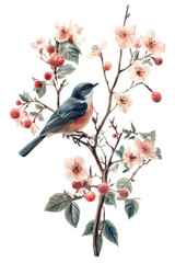 Isolated bird on flowering branch illustration