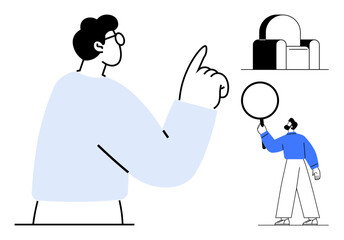 Stylized characters with minimalistic design, one pointing upward, another holding a bubble, alongside abstract shapes. Ideal for teamwork, creativity, decision-making, brainstorming, innovation