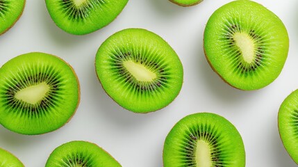 Fototapeta premium Freshly sliced kiwi fruit arranged on a white background showcasing vibrant green color and texture