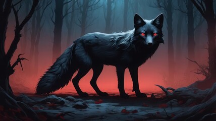black fox at night with red eyes