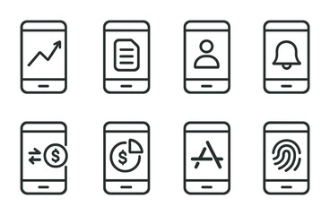Mobile app interface outline icons set – linear style ui, ux, and applications symbols for digital design: analytics, document, user, notifications, transfer, finance, apps, security.