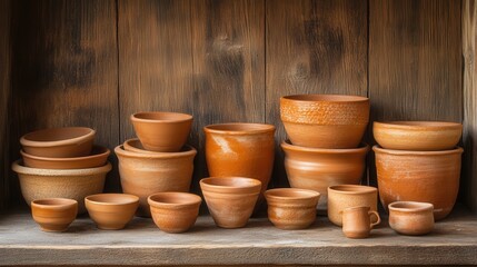 bowls arranged neatly on a wooden table, showcasing the natural beauty of ceramic craftsmanship in an earthy, inviting atmosphere