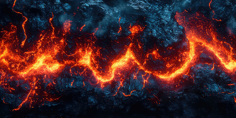 A mesmerizing view of flowing lava with dark rock formations and fiery orange highlights throughout the scene