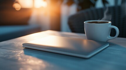 Cozy workspace scene, modern notebook on table, steaming cup beside, warm sunlight creating a relaxing atmosphere.