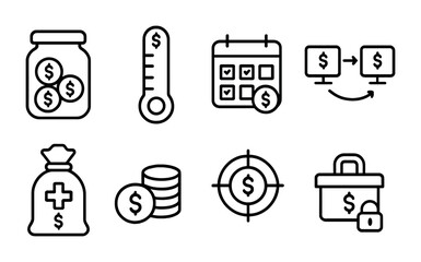 Financial and investment outline icons set &ndash; line style banking, savings, and budget symbols for economic planning: money jar, thermometer, calendar, money transfer, money bag, coins, target, secure