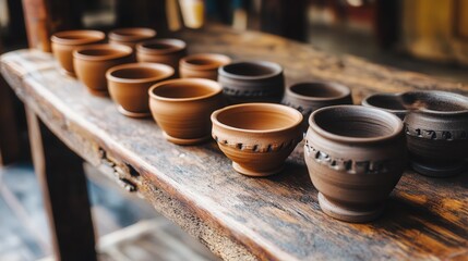 handcrafted clay cups and bowls placed on a rustic wooden table, each piece contributing to a calming and natural atmosphere