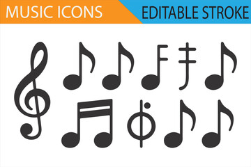 Collection of 9 editable music note icons, including treble clef and quarter notes