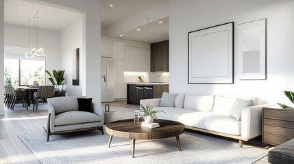 Fototapeta premium Bright modern living room, spacious layout with minimalistic furniture, cozy atmosphere, perfect for relaxation and gatherings.