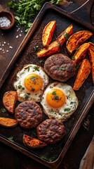 Vertical sheet pan breakfast of sausage and eggs