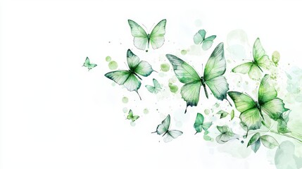 Delicate green butterflies fluttering in formation, soft watercolor brush strokes on white. Mood: peaceful and natural