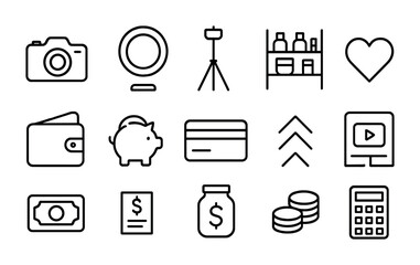 Finance and lifestyle line icons set – outline style for budgeting, wellness, and organizational symbols: camera, mirror, tripod, wallet, piggy bank, credit card, heart, calculator.