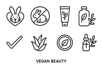 Vegan beauty outline icon set – linear style for cruelty-free cosmetics and skincare: bunny, no animal testing, lotion bottle, essential oil, aloe vera, check mark, leaf
