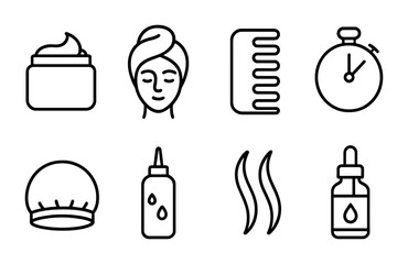 Haircare outline icons set – flat style beauty, salon, and self-care symbols for health routines: cream jar, spa face, comb, timer, shower cap, oil bottle, drops.