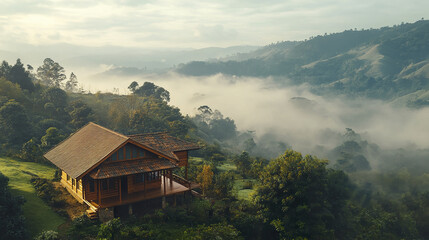 serene wooden bungalow nestled on hillside, surrounded by misty mountains and lush greenery