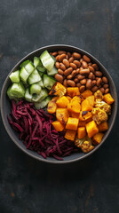 Vertical vegan bowl with beans, squash, beets and copy space