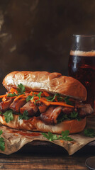 Pork belly sandwich with carrots and cilantro vertical