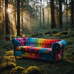 A vivid rainbow patchwork sofa in a mystical enchanted forest.
