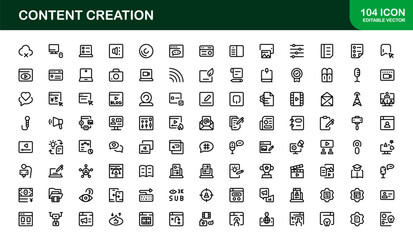 Essential Content Creation Icon Set Vector Illustration. Includes Icons for Editing, Graphics, and Digital Media to Power for Creative Projects.
