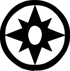A black and white compass rose design with an eight-pointed star, representing cardinal directions and navigation, suitable for travel and mapping.