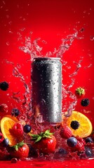 Refreshing soda can splash with berries and citrus fruits on red background.