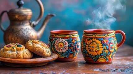 Mexican clay coffee cups with colorful, hand-painted details, accompanied by a steaming coffee pot and fresh pastries