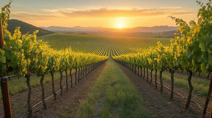 Naklejka premium Vineyard landscape at sunset with rows of grapevines stretching