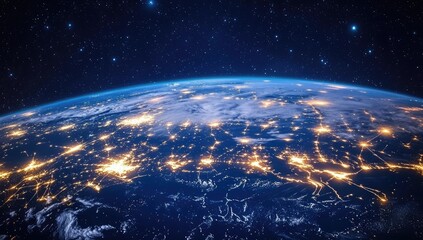 Obraz premium Earth's glowing cityscape at night, viewed from space, showcasing urban sprawl and celestial backdrop